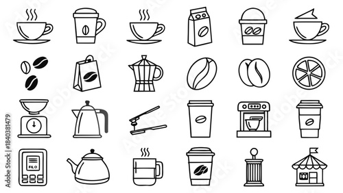 Chic, minimal thin stroke icons celebrating coffee culture, perfect for cafes, menus, and beverage branding.