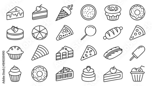 Chic, modern thin stroke icons featuring desserts and snacks, ideal for bakery websites, sweet treat shops, and party invitations.