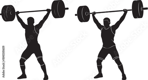 Two athletes lifting weights overhead silhouette