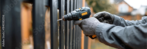 A contractor works on a sagging section of a black metal and wood fence. The worker uses a drill to secure the fence in a residential area during sunny weather, banner