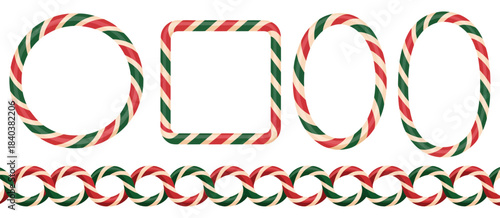 Candy cane border styled as square circle and oval Christmas frames with playful striped lollipop design, vibrant festive vector artwork ideal for winter holiday decoration