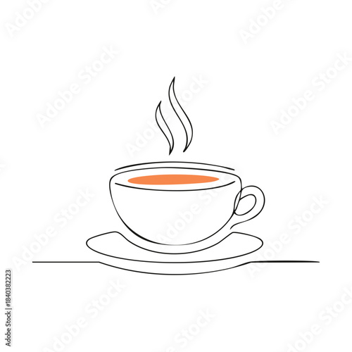 Minimalist Line Drawing of Steaming Cup of Coffee or Tea on Saucer Graphic Style Illustration