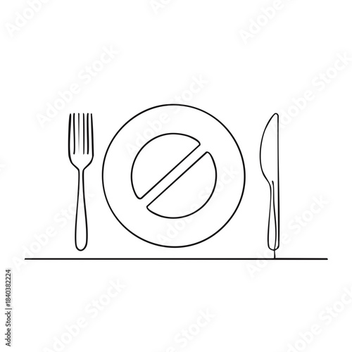 No food symbol one line drawing. Line art illustration of a plate crossed out with fork and knife. Fasting or diet concept.