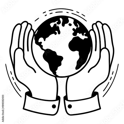 Black outline hands surrounding globe with continents, environmental Earth protection concept, eco sustainability symbol, isolated on white background