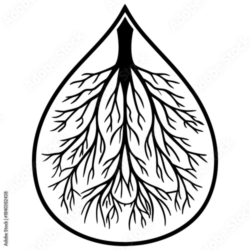 Black vector leaf with detailed root system forming an organic natural pattern inside the shape, minimal botanical eco symbol, isolated on white background