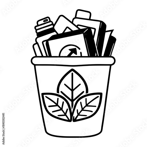 Black vector recycling bin filled with waste items and a recycling sign decorated with leaves, outline eco recycling concept, isolated on white background