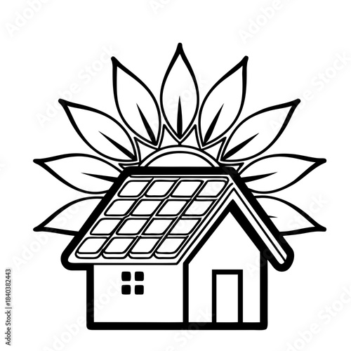 Black vector eco house with solar roof surrounded by stylized leaves, clean black outline design, environmental renewable energy symbol, isolated on white background