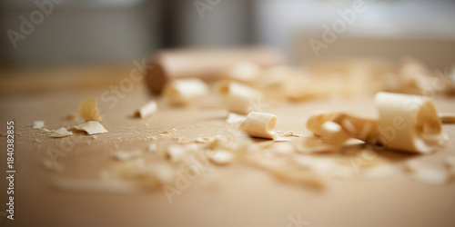 Pile of wood shavings on a table. The shavings are scattered and appear to be from a woodworking project. Concept of messiness and disorganization