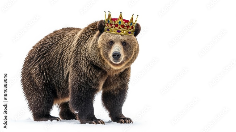 Fototapeta premium bear wearing an ornate crown, queen or king crown, on a white background, animal photo