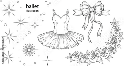 Elegant Ballet Illustration with Tutu Dress, Bow, Roses, and Sparkles for Dance, Sublimation, and Artistic Vector Projects