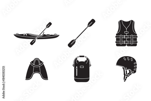 Collection of water sports equipment icons for outdoor adventure activities