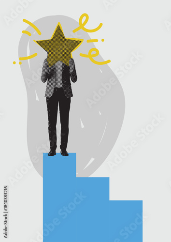 Halftone graphic collage of business person with large star representing quality service and customer review