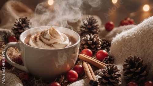 Steaming mug of hot beverage with whipped cream, surrounded by seasonal decorations