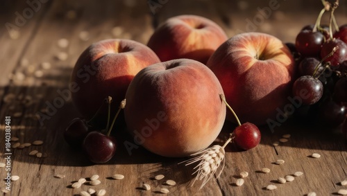 Still-life of ripe peaches, cherries and grapes on a weathered wood surface, with wheat