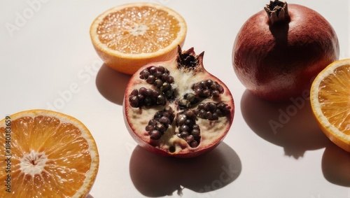 Vibrant Still Life - Sliced Oranges and Pomegranates on White Surface.