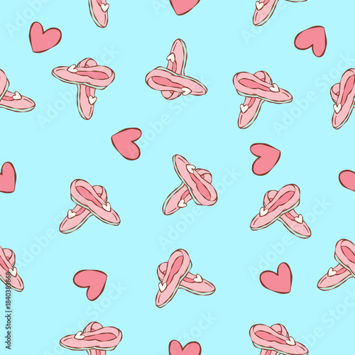 Vintage Pink Mary Jane Shoes with Fairy Heart Handdrawn Seamless Pattern isolated background