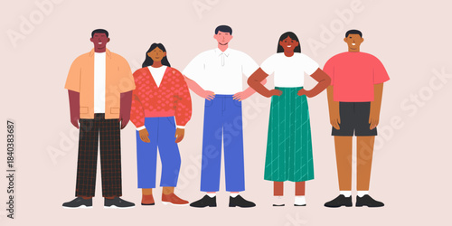 A group of diverse people standing together in a flat illustration style