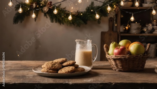 Warm scene; cookies, milk, and fruit, decorated with fairy lights, on a rustic wooden table