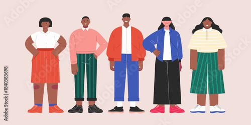 Diverse group of young people standing together in a colorful illustration