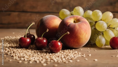 Still life of fresh fruit and grains on a rustic wooden surface, bathed in natural light