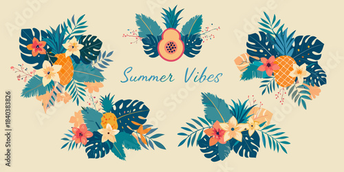 Tropical floral arrangements with papaya monstera leaves and vibrant summer colors