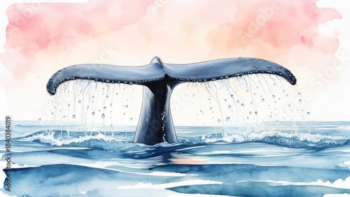 Watercolor depiction of a whale tail surfacing with water droplets, pink sunset background