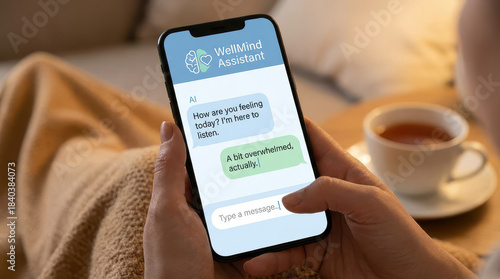 Smartphone displaying AI chat application for mental health support, featuring conversation about feelings and emotional well being. cozy setting with cup of tea enhances comforting atmosphere