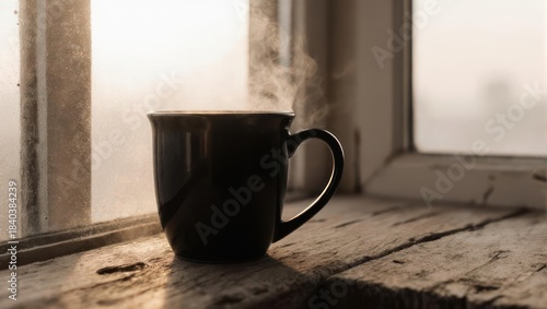 Steaming Coffee Cup on Weathered Windowsill at Sunrise.