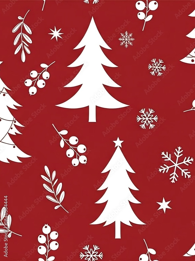Obraz premium Festive Christmas Pattern with White Trees and Snowflakes on Red.