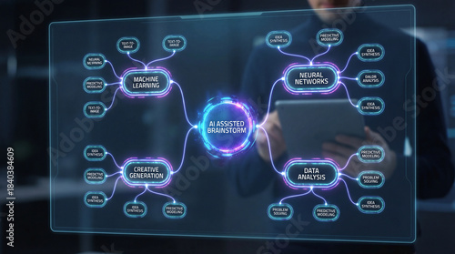 AI assisted brainstorm concept. AI assisted brainstorm, machine learning, neural networks, data analysis, creative generation, predictive modeling