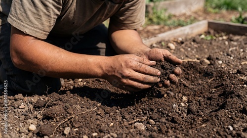 A focused individual tenderly examines rich, fertile soil, representing the essence of cultivation and the profound connection between human and nature.