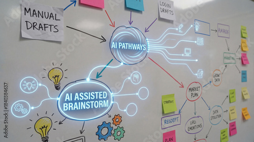 AI assisted brainstorm concept. AI pathways and AI assisted brainstorm enhance creativity and organization in project planning