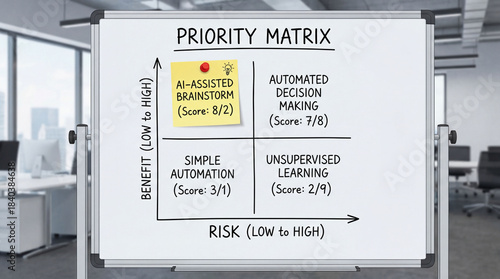 AI assisted brainstorm concept. Priority matrix illustrates AI assisted brainstorm, automated decision making, simple automation, and unsupervised