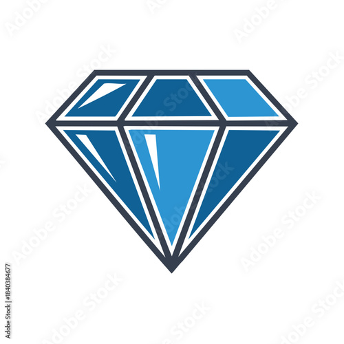 Brilliant Cut Diamond Design, Blue Gemstone Shape with Facets, Modern Graphic Illustration, Rich Jewel, Precious Stone Art