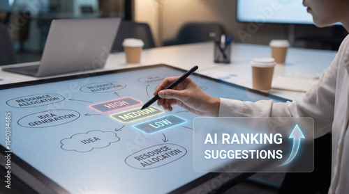 AI assisted brainstorm concept. Collaborative brainstorming session with digital interface displaying AI ranking suggestions for resource