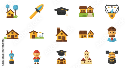 Colorful flat design vector icon set with houses people and everyday objects.