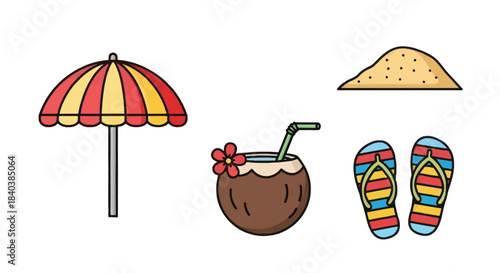 Colorful Beach and Summer Vacation Elements: Umbrella Coconut Drink Sand and Flip-Flops.