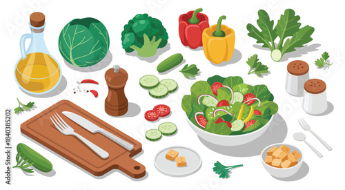 Fresh salad ingredients in isometric style, including colorful peppers, vegetables, and greens, perfect for healthy food illustrations, recipe graphics, and culinary design projects.