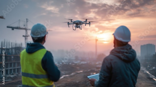 Wallpaper Mural Construction workers using drone technology to inspect a building site at sunset Torontodigital.ca