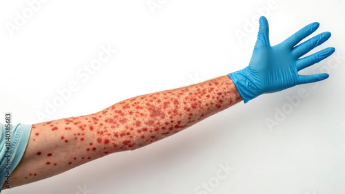 Wallpaper Mural A person shows an arm covered in a red rash caused by measles. A gloved hand gestures while highlighting the visible signs of the infection during a healthcare evaluation Torontodigital.ca