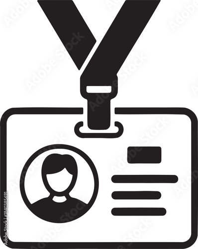 Black silhouette identity card icon with photo and personal details on lanyard minimal identification concept