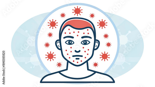 A person showing signs of measles with a rash on the face. The background includes illustrations of the measles virus, highlighting infection spread and symptoms