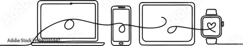 Continuous line drawing illustrating digital connectivity between laptop smartphone tablet and smartwatch network concept