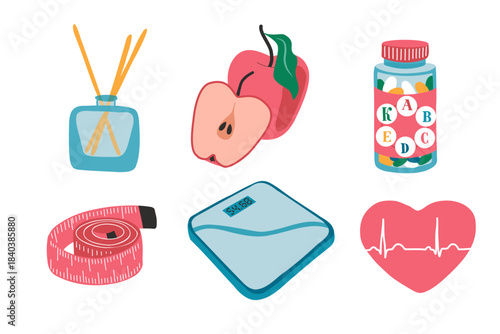 Flat set for holistic health: incense (mind), apple, vitamins (body), tape, scales (progress), heart ECG (vitality). Vector icons for balance of body and spirit.