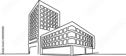 Continuous line drawing modern city office building highrise architecture commercial property vector illustration