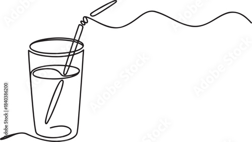 Continuous line drawing of glass of water with drinking straw single wavy line art vector illustration