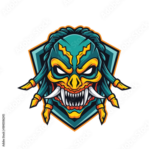 Ferocious Japanese Oni or Yokai mask mascot logo with sharp teeth and fierce expression, ideal for fighting games.