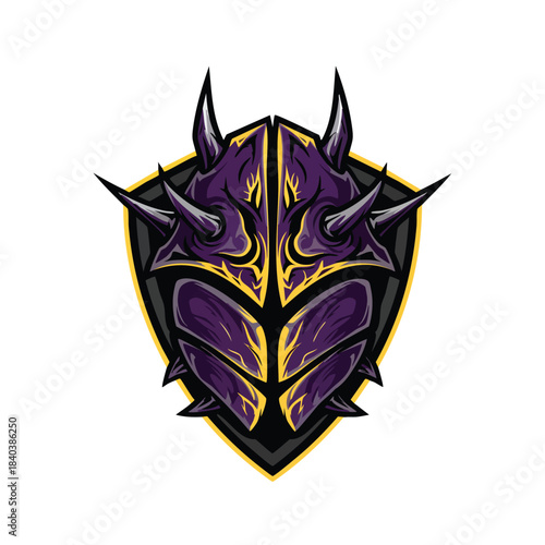 Dark fantasy spiked armor shield mascot logo in rich purple and black, representing protection and intimidation.