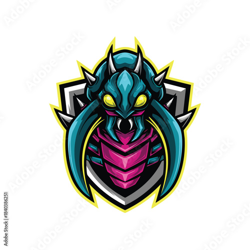 Vibrant alien insectoid creature head logo design in blue and magenta, suitable for sci-fi and competitive gaming teams.