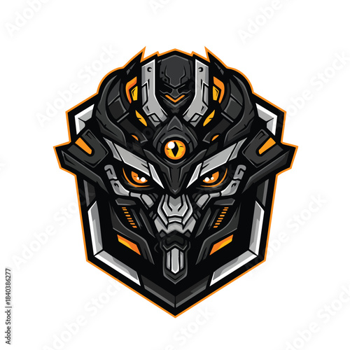 Abstract futuristic dark robotic head logo featuring complex mechanical details and glowing yellow eye elements.